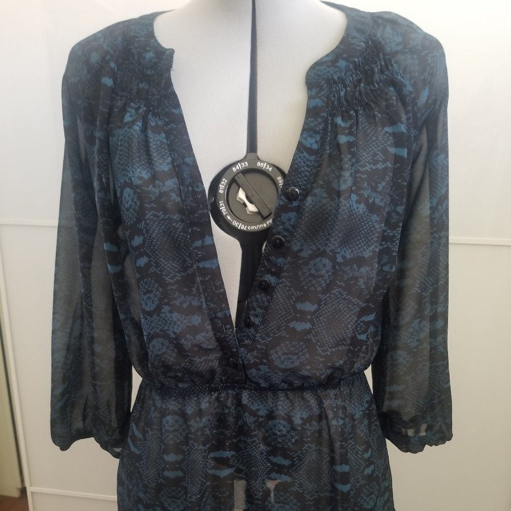 Black and Blue Snake Skin Print Sheer Blouse